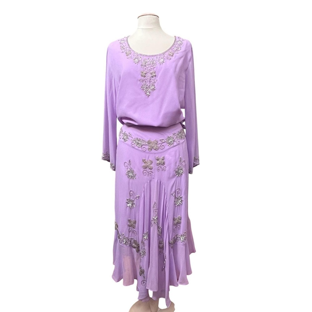 Marisol Women 2 Piece Skirt Top Purple Bead Handkerchief Hem Boho Chic Event‎ XL
